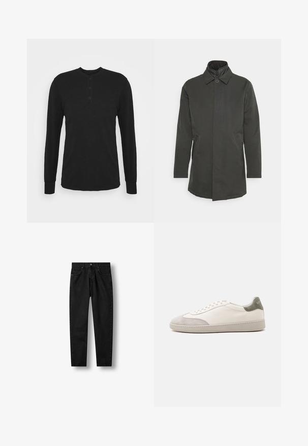 Abrigo verde oscuro con un cuello abotonado, mangas largas y bolsillos laterales. Tejido suave con un corte recto, diseño minimalista.; Camisa negra de manga larga con cuello redondo, tapeta de tres botones y puños ajustados. Está hecha de una tela suave con una textura lisa.; Vaqueros negros de mezclilla con piernas rectas, estilo de cinco bolsillos, cierre de botón y cremallera, mostrados extendidos sobre un fondo blanco.; Zapatilla blanca de caña baja con detalles de ante gris claro en la puntera y el talón, cordones blancos y una suela plana beige, vista desde el lado exterior.