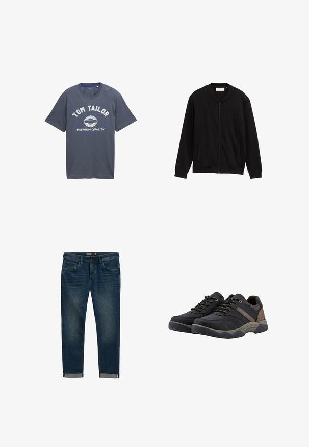 Schwarzer Sweatshirt mit Reißverschluss aus weichem Stoff, mit rundem Kragen, zwei Fronttaschen sowie gerippten Bündchen und Saum. Keine Muster oder Grafiken.; Dunkelblauses Baumwoll-T-Shirt mit kurzen Ärmeln und Rundhalsausschnitt, mit weißem und blauem Drucktext: "TOM TAILOR", "PREMIUM QUALITY" und Logo-Grafik.; Dunkelblaue Jeans aus Denim mit regulärer Passform, fünf Taschen, einem klassischen Reißverschluss und umgeschlagenen Säumen mit einem kontrastierenden Innenfutter.; TOM TAILOR LICENCE TREKKING - Sneaker low - black