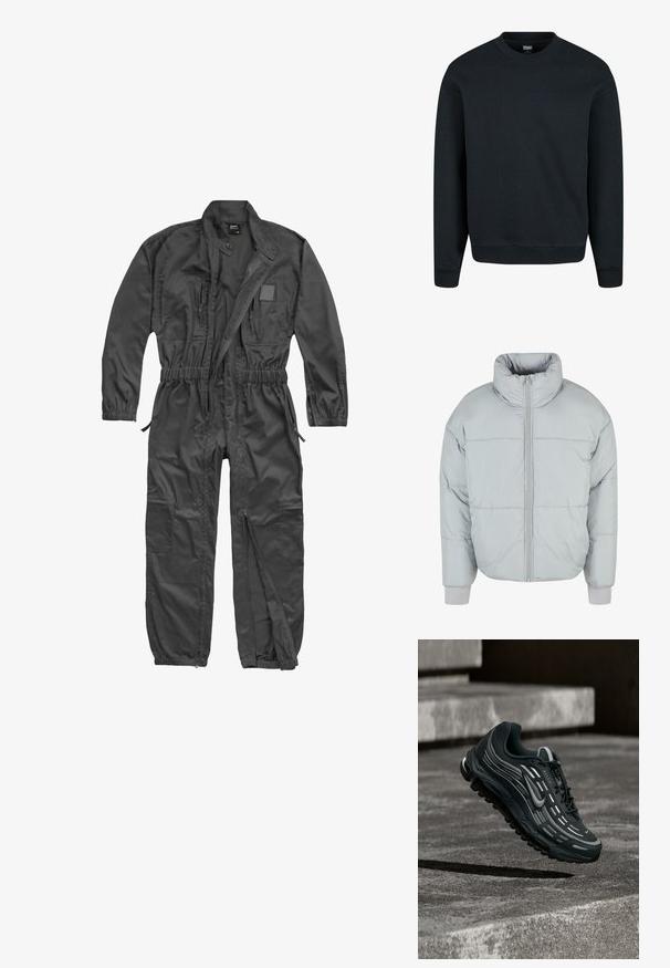 Chaqueta acolchada de color gris claro con un cuello alto, cremallera frontal y puños acanalados. Presenta paneles cosidos para añadir textura y calidez.; Mono negro de manga larga con cremallera frontal, cintura y puños elásticos, múltiples bolsillos con cremallera y cuello mao con botón a presión.; Sudadera negra de mezcla de algodón, con cuello redondo, mangas largas y puños y dobladillo acanalados. Textura suave, sin patrones ni acentos.; Zapatilla Nike Air Max negra y gris flotando sobre escalones de hormigón gris con fondo de suelo texturizado.
