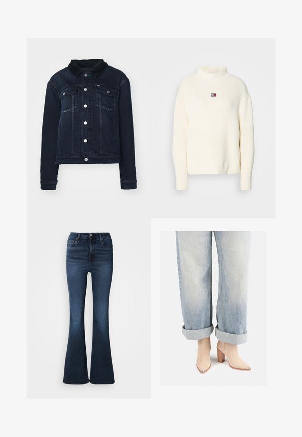 Dunkelblaue Jeansjacke mit einem Cordkragen, ausgestattet mit silbernen Druckknöpfen, Fronttaschen und einem cropped Design. Glatte Textur mit subtiler Verblassung.; Cremfarbener Rollkragenpullover mit strukturiertem Rippenmuster und einem kleinen farbigen Logopatch auf der Brust. Hat lockere Ärmel und eine lässige Passform.; Dunkelblaue Jeans im Bootcut-Stil mit hoher Taille, vorne mit Knopf- und Reißverschluss sowie klassischem Fünf-Taschen-Design.; Beige Wildleder-Ankle-Boots mit einer spitzen Zehenpartie und metallicfarbenem Absatz, kombiniert mit hellblauen hochgekrempelten Jeans.