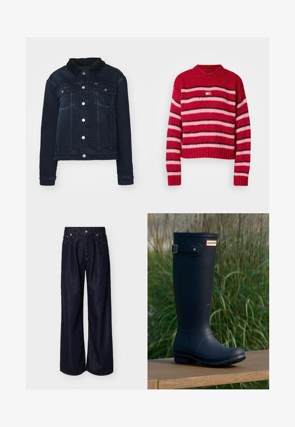 Donkerdenim jack met een corduroy kraag, voorzien van zilveren drukknoopjes, voorkruiken en een kort ontwerp. Soepele textuur met subtiele vervaging.; Rood en roze gestreepte trui met ribbelboorden en zoom. Ronde halsontwerp. De stof lijkt textuurvol en gezellig. Kleine merkembleem op de voorkant.; Donkere blauwe jeans met wijde pijpen, voorzien van knopen aan de voorkant en een vijfzakkenontwerp, op een effen lichte achtergrond.; Marine rubber regenlaars met een ronde neus, gestructureerd oppervlak, verstelbare gesp detail en Hunter logo nabij de bovenkant. Stabiele profielzool.