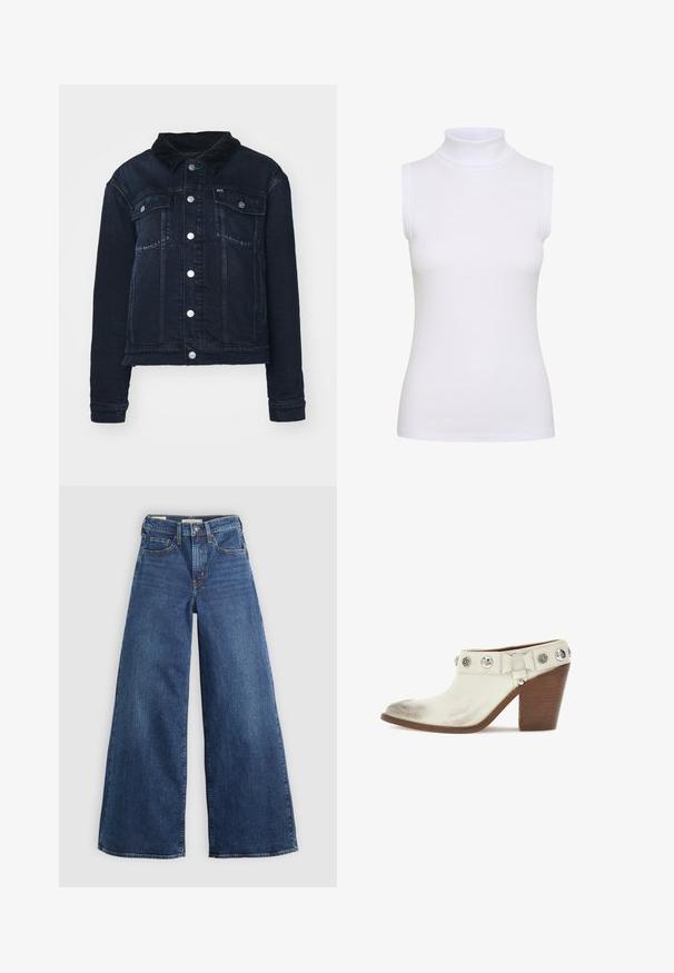Donkerdenim jack met een corduroy kraag, voorzien van zilveren drukknoopjes, voorkruiken en een kort ontwerp. Soepele textuur met subtiele vervaging.; Witte mouwloze coltrui van ribstof, met een strakke pasvorm en een gladde textuur, voorzien van een hoge kraag en zonder zichtbare hardware.; Brede spijkerbroek van blauw denim met vijf zakken, een knoopsluiting en contrasterende stiksels, met een zachte en gestructureerde afwerking.; Witte leren muil met een chunky bruine hak, zilveren studs en een harnasdetail rond de enkel; lichte slijtage op de neus.
