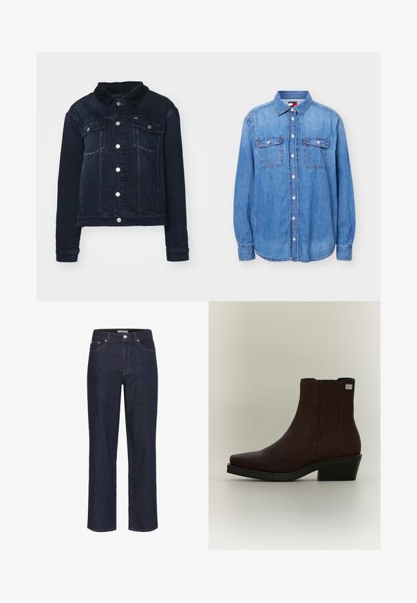 Mørk denimjakke med en kordfløjlskrave, der har sølvfarvede trykknapper, forlommer og et cropped design. Glat tekstur med let udtværing.; Lyseblå denimskjorte med knapper, lange ærmer, to frontlommer med klap og krave, vist på en hvid baggrund.; Gestuz SUMMER WIDE - Wide leg - unwashed denim; Mørkebrune ruskind ankle støvle med lav hæl, elastiske sidepaneler og firkantet tå på lysegrå baggrund.