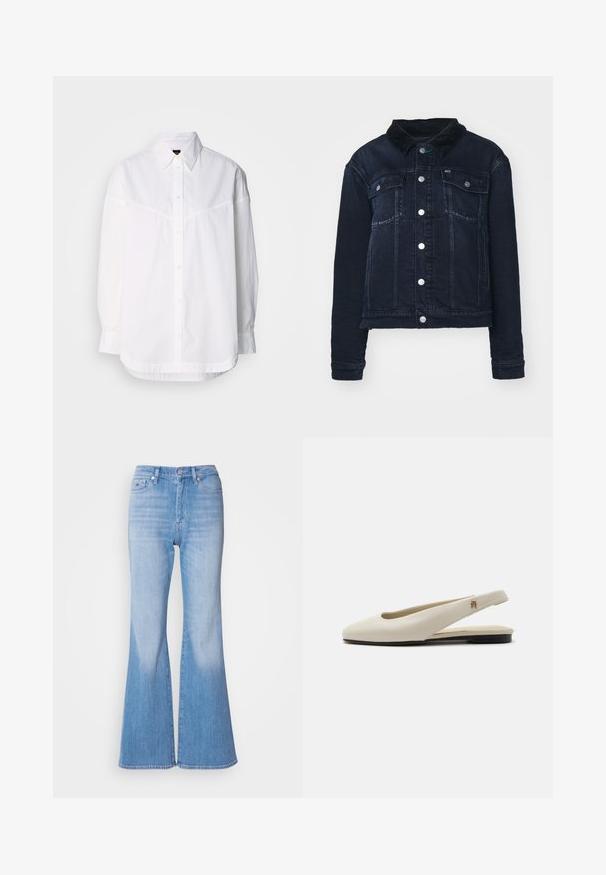 Veste en denim foncé avec un col en velours côtelé, dotée de boutons pression en métal, de poches avant et d'un design cropped. Texture lisse avec un léger délavage.; Chemise blanche à manches longues en coton, dotée d'un col boutonné, de boutons sur le devant et d'une coupe décontractée avec des détails de couture subtils.; Jean flare en denim bleu clair avec une taille haute, doté d'une fermeture à bouton et de passants de ceinture. Texture lisse et finition délavée sur les jambes.; Chaussure plate slingback en cuir couleur crème avec un bout arrondi et un petit emblème doré sur la bride.