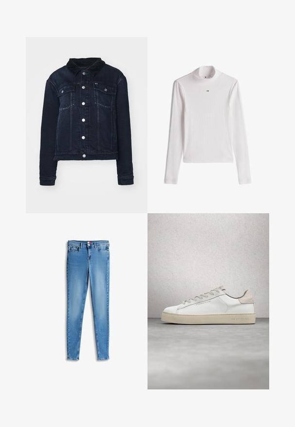 Mørk denimjakke med en kordfløjlskrave, der har sølvfarvede trykknapper, forlommer og et cropped design. Glat tekstur med let udtværing.; Hvid ribbet langærmet rullekrave med en lille Tommy Hilfiger-logo centreret under kraven.; Lyseblå slim-fit denim jeans med forlommer og knaplukning, lagt fladt på en hvid baggrund.; Hvide lædersneakers med en glat overflade, beige ruskindsdetaljer, rund tå, flad snørebåndsdesign og en struktureret gummisål.