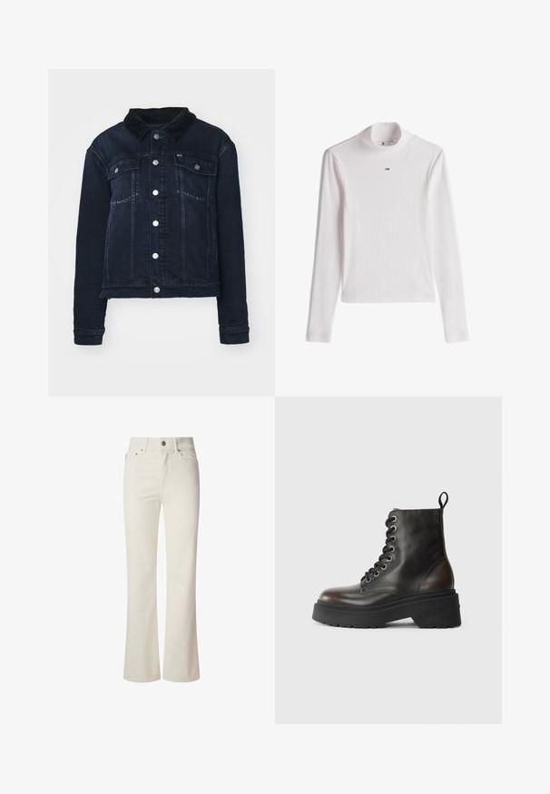 Mørk denimjakke med en kordfløjlskrave, der har sølvfarvede trykknapper, forlommer og et cropped design. Glat tekstur med let udtværing.; Hvid ribbet langærmet rullekrave med en lille Tommy Hilfiger-logo centreret under kraven.; Hvide flagrende jeans lavet af denim. Har en høj talje, fem lommer og metallisk knaplukning. Glat tekstur uden synlige mønstre.; Sorte læder ankelstøvler med snørebånd, tyk sort sål og en løkke bagpå, prydet med præget mærkenavn på hælen.