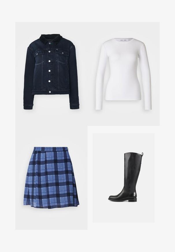 Mørk denimjakke med en kordfløjlskrave, der har sølvfarvede trykknapper, forlommer og et cropped design. Glat tekstur med let udtværing.; Hvid langærmet skjorte lavet af ribbet stof, med runde udskæring og tætsiddende pasform. Ingen mønstre eller accenter er til stede.; Blå ternet nederdel med plisseringer, der indeholder varierende nuancer af blå og mørkeblå mønstre. Lavet af et letvægtsstof og inkluderer subtil branding.; Knæhøje sorte læderstøvler med en glat finish, rund tå, lav hæl og en flap bagpå. Minimalistisk design uden synlige mønstre.