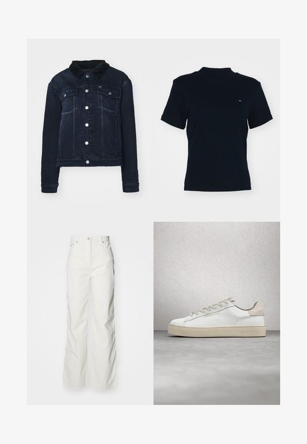 Mørk denimjakke med en kordfløjlskrave, der har sølvfarvede trykknapper, forlommer og et cropped design. Glat tekstur med let udtværing.; Tommy Hilfiger SLIM CODY CROP MOCK - T-shirts basic - desert sky; Hvide brede jeans med høj talje, fremstillet af tekstureret bomuldsstof, med fem lommer og metalhardware detaljer.; Hvide lædersneakers med en glat overflade, beige ruskindsdetaljer, rund tå, flad snørebåndsdesign og en struktureret gummisål.