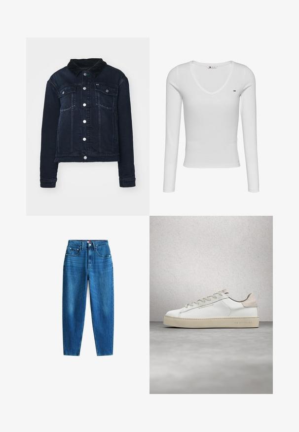Mørk denimjakke med en kordfløjlskrave, der har sølvfarvede trykknapper, forlommer og et cropped design. Glat tekstur med let udtværing.; Hvid langærmet ribstrikket V-hals skjorte med et lille Tommy Jeans-logo på venstre bryst, tætsiddende pasform med enkel syning.; Blå denim jeans med lige ben-design, fem lommer, knap- og lynlåslukning samt let falmning for teksturvariation.; Hvide lædersneakers med en glat overflade, beige ruskindsdetaljer, rund tå, flad snørebåndsdesign og en struktureret gummisål.