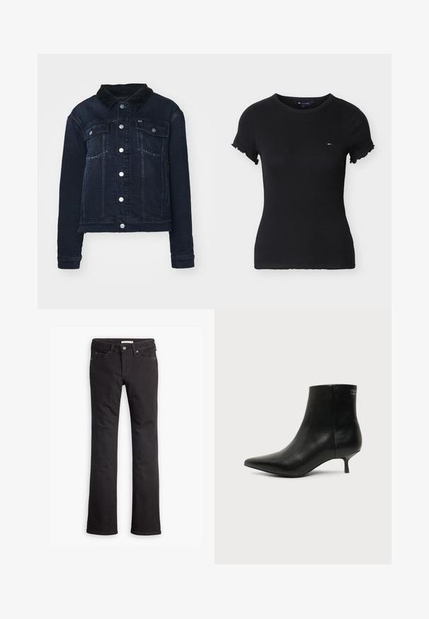 Veste en denim foncé avec un col en velours côtelé, dotée de boutons pression en métal, de poches avant et d'un design cropped. Texture lisse avec un léger délavage.; T-shirt noir à manches courtes en tissu côtelé avec petit logo rouge, blanc et bleu sur le côté gauche de la poitrine et bords de manches volantés.; Jean noir en denim, avec une coupe droite, taille standard, cinq poches et des détails de couture subtils.; Bottine en cuir noir avec bout pointu et petit talon kitten sur fond clair, vue côté extérieur.
