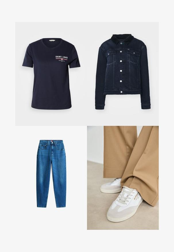 Veste en denim foncé avec un col en velours côtelé, dotée de boutons pression en métal, de poches avant et d'un design cropped. Texture lisse avec un léger délavage.; T-shirt en coton bleu marine avec un col V, à manches courtes, arborant un logo en texte blanc et rouge "GANT 1949" et des accents de design sur la poitrine gauche.; Jeans en denim bleu avec une coupe droite, cinq poches, une fermeture à bouton et zip, et légère décoloration pour une variation de texture.; Baskets blanches avec des accents en daim, des lacets texturés et une semelle en caoutchouc. Associées à un pantalon beige ample. Logo affiché sur le côté.