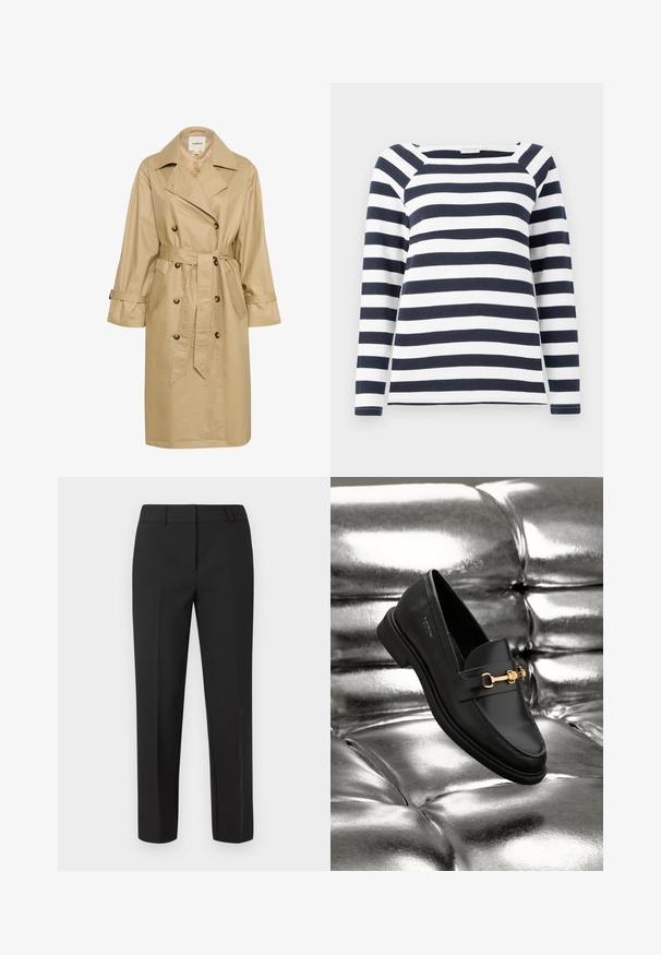 Manteau trench beige en tissu lisse et léger. Doté d'un devant double boutonnage, de poches latérales et d'une ceinture à nouer à la taille.; TOM TAILOR STRIPED CARRE NECK - T-shirt à manches longues - lunar eclipse/off white; Pantalon noir sur mesure avec une coupe droite, taille plate et sans ornements visibles. Fabriqué dans un tissu lisse avec une finition nette.; Mocassin en cuir noir avec un détail en métal doré. La chaussure présente un design épuré et une texture lisse et brillante.