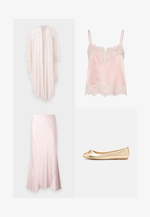 Lang, flydende bleg rosa åben cardigan med brede ærmer og asymmetrisk kant, vist mod en hvid baggrund.; Lyserød satin camisole med hvid blondekant langs halsudskæring og kant, med tynde justerbare skulderstropper.; Lyserød satin midi-nederdel med A-formet silhuet og fine diagonale sømdetaljer på en ensfarvet baggrund.; Guldmetallisk balletflade med en rund tå, lille sløjfedetalje foran, glat overflade og en fleksibel gummisål.