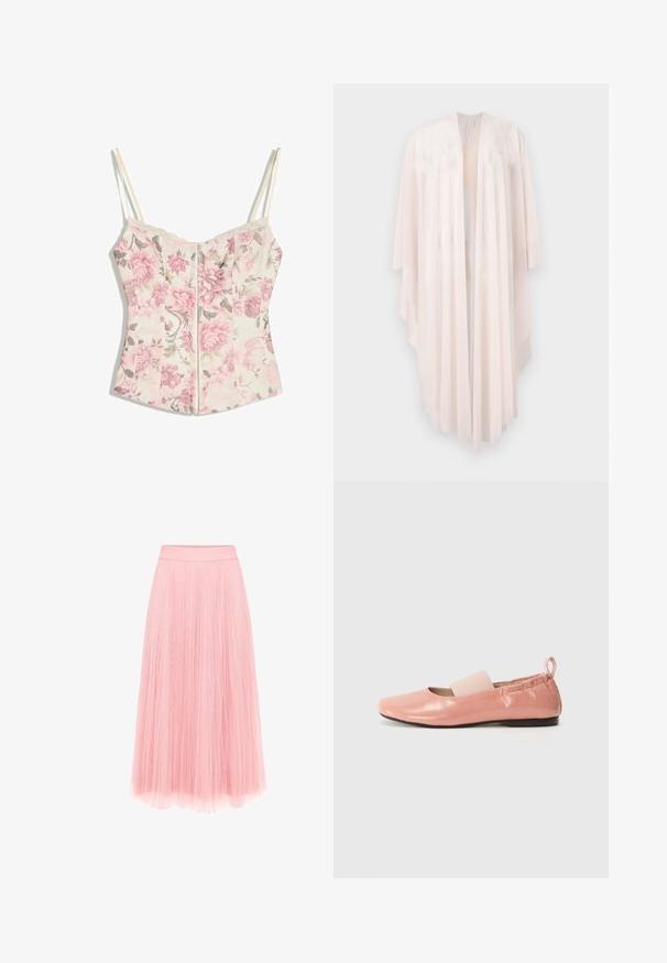 Lang, flydende bleg rosa åben cardigan med brede ærmer og asymmetrisk kant, vist mod en hvid baggrund.; Blomstret korsethals-top med pinke blomster og grønne blade på cremefarvet baggrund, tynde cremefarvede stropper og blondekant langs halsudskæringen.; zero MIT PLIESSENDEM BECHER - Pliceret nederdel /Nederdele med folder - bridal rose; Lyserøde syntetiske flade sko med en skinnende overflade, firkantet tå og et blødt elastikbånd hen over vristen. Sort gummisål og bageste trækflap.