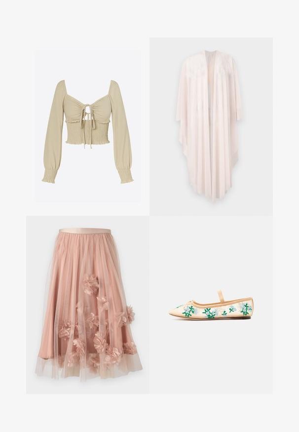 Lang, flydende bleg rosa åben cardigan med brede ærmer og asymmetrisk kant, vist mod en hvid baggrund.; Lysebeige cropped top i glat stof; har lange, puffede ærmer, ét sammentrukket bryst med bindefront og smockdetalje ved taljen.; Tylskørt i blød lyserød med satinbånd i taljen. Har lag af gennemsigtigt stof og tredimensionelle blomsterapplikationer over det hele.; Beige balletsko med spids tå, enkeltrem og grønne samt lyseblå blomsterbroderier på gennemsigtige sider.