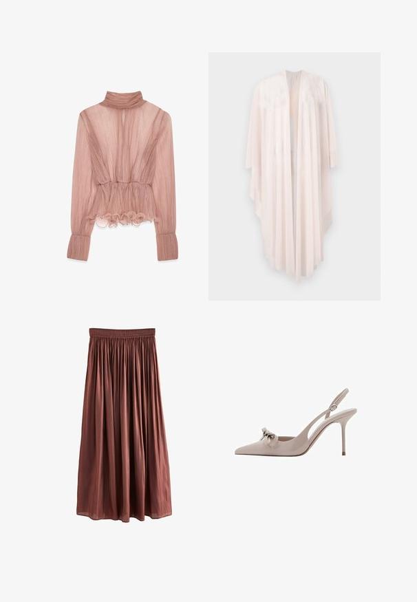 Cardigan long et fluide rose pâle, à ouverture frontale, manches larges et ourlet asymétrique, présenté sur fond blanc.; Blouse plissée rose clair avec un col montant, un ourlet à volants et des manches longues, dotée d'un tissu texturé et d'une taille cintrée.; Jupe de couleur rouille, arrivant au genou, fabriquée en tissu léger. Elle possède une taille élastique froncée et des plis fluides pour un mouvement agréable.; Escarpin slingback à bout pointu en cuir verni beige, orné d'un nœud et doté d'une bride de cheville ajustable.