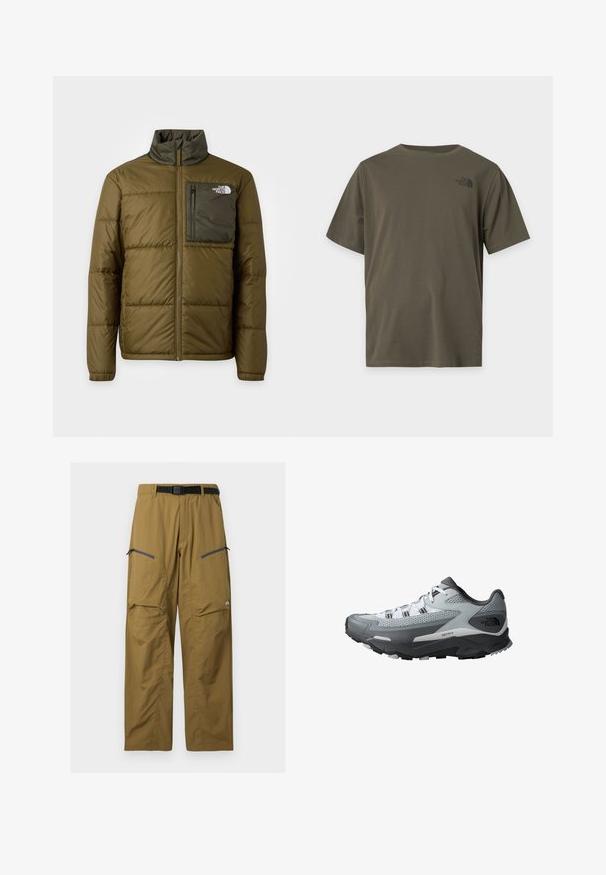 Olijfgroene gewatteerde jas met hoge kraag, volledige voorrits en een donkergroene borstzak met rits en het The North Face-logo.; Effen olijfgroen T-shirt met korte mouwen en een klein zwart The North Face-logo op de bovenste linkerborst.; Kaki outdoorbroek met zwarte verstelbare riem, twee zakken op de dij met rits en kniezomen, getoond tegen een effen achtergrond.; Trailrun schoenen met een grijs en zwart kleurenschema, bovenwerk van gaas, stevige zool en gestructureerde accenten voor grip.