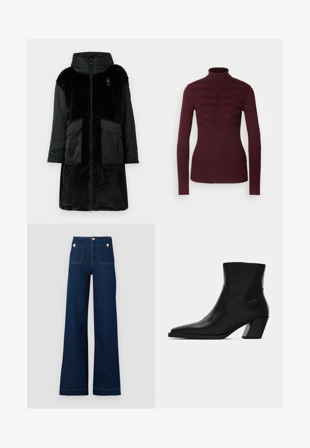 Chaqueta negra con un suave frente de piel sintética, mangas de tela suave, capucha, cremallera frontal y dos grandes bolsillos delanteros.; Morgan MENTOS - Jersey de punto - lie de vin; Jeans de tiro alto de pierna ancha en azul oscuro, con detalles de botones dorados, dos bolsillos en la parte delantera y trasera y costuras en contraste. Tejido de mezclilla texturizado.; Bota de tobillo de cuero negro con punta afilada, una silueta elegante y un tacón cuadrado grueso. Textura suave con detalles de costura mínimos.