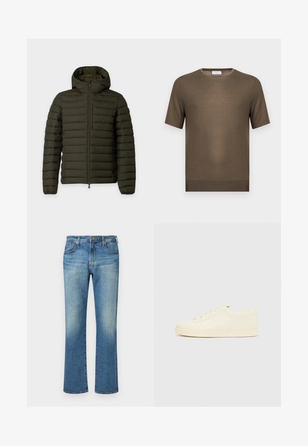 Veste matelassée vert foncé avec coutures horizontales, fermeture éclair avant, capuche et manches longues sur fond blanc uni.; Pull en maille vert olive à manches courtes avec encolure ronde et ourlet côtelé, présenté sur fond blanc uni.; Pantalon en denim bleu, design à jambe droite avec un délavage, présentant un style classique à cinq poches et des accents en métal.; Baskets couleur crème avec une tige en cuir lisse, bout arrondi, laçage à l'avant et semelle en caoutchouc texturée. Design minimaliste, sans logo.