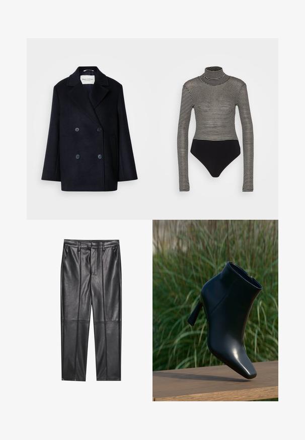 Marineblå uld dobbeltspændt frakke med spids revers, sidelommer og knappet front. Har en glat tekstur og skræddersyet pasform.; Anna Field Langærmet T-shirt - black/beige; Sorte læderbukser med en glat overflade, der har lige pasform, to forlommer og synlige sømdetaljer.; Sort læder ankelstøvle med spids tå og stilettohæl; glat, blank overflade; har en sidelukning med lynlås. Baggrunden antyder grønne områder.