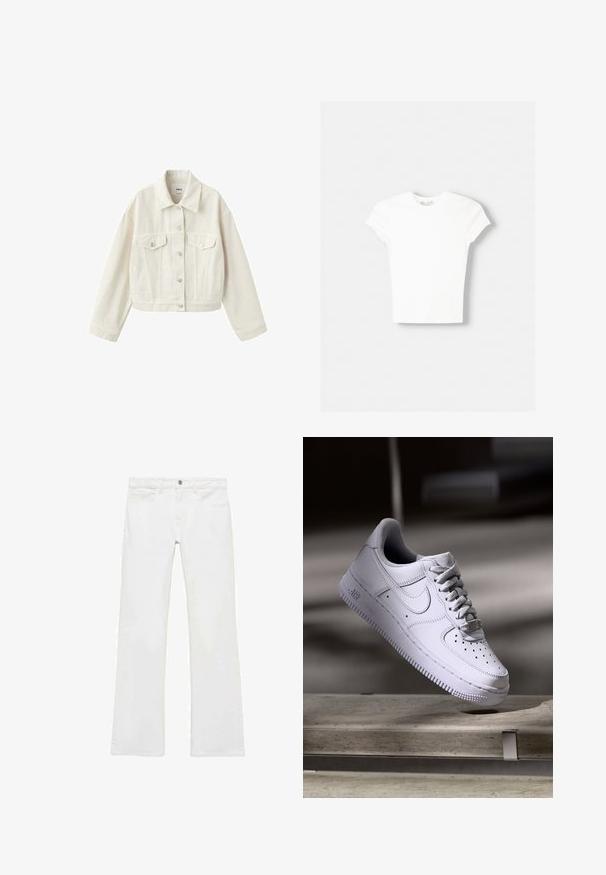 Off-white cropped Jeansjacke mit Knopfleiste, zwei Brustklapptaschen, Seitentaschen und Kragen.; Weißes kurzärmliges T-Shirt aus weicher Baumwolle, mit Rundhalsausschnitt und figurbetonter Form. Keine sichtbaren Muster oder Verzierungen.; Weiße, ausgestellte Jeans aus einem glatten Baumwollstoff, mit fünf Taschen, einem Metallknopfverschluss und Gürtelschlaufen. Die Beine haben ein leichtes Verfeinerungsdetail.; Weißer Nike Air Force 1 Sneaker schwebt über einer Betonoberfläche mit Schatten in einem minimalistischen Umfeld.