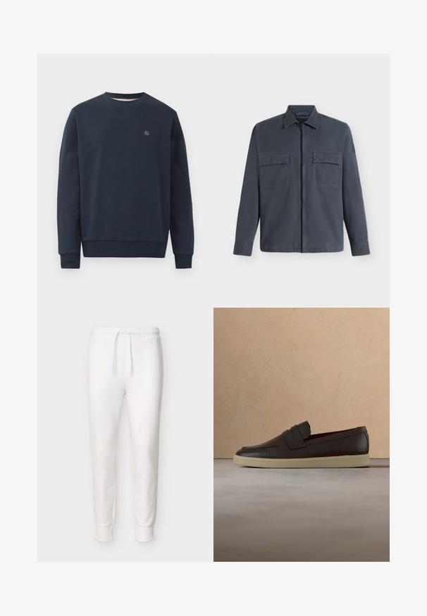 Donkergrijze jas met lange mouwen, kraag, ritssluiting aan de voorkant en twee borstzakken met klep op een effen lichte achtergrond.; Marineblauwe sweatshirt van zacht materiaal, met een ronde hals, lange mouwen en een klein logo op de borst. Eenvoudig ontwerp, zonder patronen.; Witte slim-fit joggerbroek met elastische tailleband en trekkoord, met geribbelde boorden bij de enkels, weergegeven op een effen achtergrond.; Donkerbruine lederen loafer met een crèmekleurige zool die boven een beige, gestructureerd tapijt zweeft, met een ronde houten tafel en gestapelde boeken op de achtergrond.