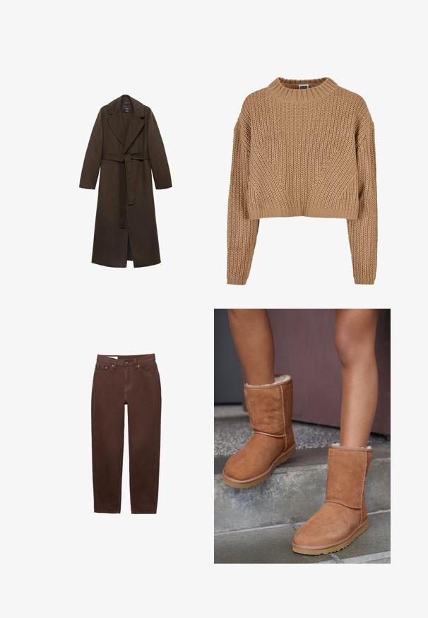 Bruine wollen jas met een grote uitgestanste kraag, lange mouwen en een ceintuur in de taille. Heeft strakke lijnen en een open voorkant.; Beige gebreide trui met een hoge hals, een cropped ontwerp, lange mouwen en een gestructureerd patroon. Heeft ribgebreide manchetten en een zoom.; Bruine jeans met rechte pijpen, voorzien van een voorste knoop- en ritsluiting, en een ontwerp met vijf zakken op een witte achtergrond.; Bruine suède enkellaarsjes met een ronde neus, zachte voering en een rubberen zool, met zichtbaar stiksel langs de naden.