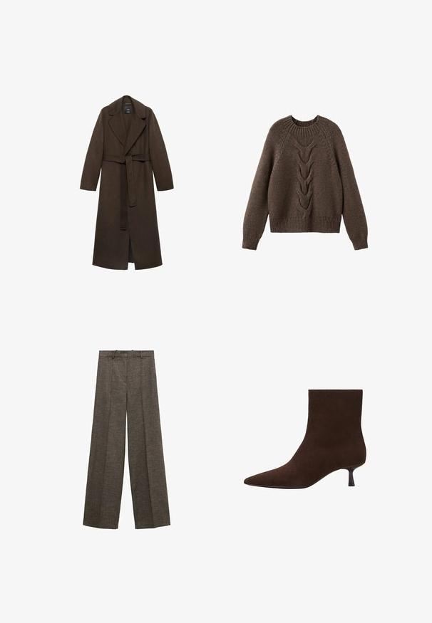 Brun uldfrakke med en stor spidse krave, lange ærmer og en bælte i taljen. Har rene linjer og en åben frontdesign.; Brun strikket sweater med rund halsudskæring, lange ærmer og et kabelstrikdesign, der løber ned langs fronten. Ribbet kant og manchetter.; Brune vidde bukser med for-rynker, bæltestropper og et struktureret stof.; Brun ruskindsankelstøvle med spids tå og en slank lav hæl. Glat overflade, sømløst design og diskret silhuet.
