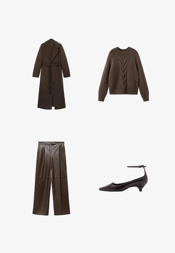 Brun uldfrakke med en stor spidse krave, lange ærmer og en bælte i taljen. Har rene linjer og en åben frontdesign.; Brun strikket sweater med rund halsudskæring, lange ærmer og et kabelstrikdesign, der løber ned langs fronten. Ribbet kant og manchetter.; Brune læder brede bukser med en glat tekstur, der har folder foran og et klassisk taljebånddesign.; Mørkebrune spidse læder kitten heel sko med en tynd ankelrem og en lille guldbeslag.