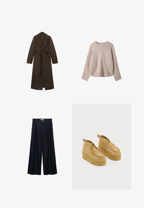 Brun uldfrakke med en stor spidse krave, lange ærmer og en bælte i taljen. Har rene linjer og en åben frontdesign.; Beige uld langærmet sweater med ribstrikket rund hals, manchetter og kant, vist på hvid baggrund.; Mørk denim bredbenede bukser med høj talje, der har en frontlukning med knap, to sidelommer og syningsdetaljer.; Suedes ankelstøvler i lys tan med en rund tå og snørebåndsdesign. Tyksål med chunky platform, der har en struktureret finish og syningdetaljer.