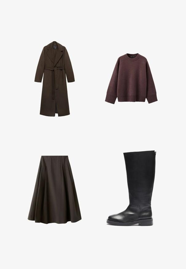 Brun uldfrakke med en stor spidse krave, lange ærmer og en bælte i taljen. Har rene linjer og en åben frontdesign.; Løs pasform sweater i mørk bordeaux, lavet af blødt strikket stof. Har en ribstrikket rund hals, vide ærmer og en ribstrikket kant.; Sort A-formet nederdel med høj talje og vid nederste kant, lavet af glat stof, vist mod en hvid baggrund.; Sort læder knæhøj støvle med rund tå, glat finish, blokhælt og lynlås lukning bagpå for nem påklædning.