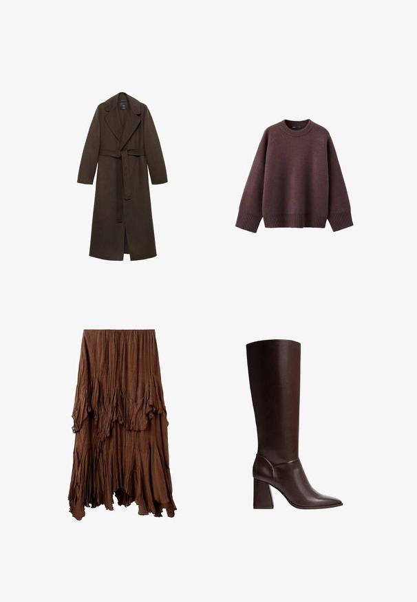 Brun uldfrakke med en stor spidse krave, lange ærmer og en bælte i taljen. Har rene linjer og en åben frontdesign.; Løs pasform sweater i mørk bordeaux, lavet af blødt strikket stof. Har en ribstrikket rund hals, vide ærmer og en ribstrikket kant.; Brun krøllet nederdel med asymmetrisk kant og lagdelte, draperede stofdetaljer, der skaber et tekstureret, flydende udseende.; Brune læderknæhøje støvler med spidse tæer og blokhæle, der har en glat overflade og et strømlinet design. Udsmykket syning ved anklen.
