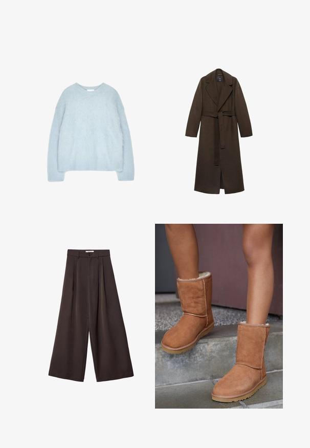 Manteau en laine marron avec un grand col cranté, des manches longues et une taille ceinturée. Présente des lignes épurées et un design à ouverture frontale.; Pull bleu clair en tricot fabriqué à partir d'un matériau doux et duveteux. Il présente un col rond et des manches longues avec des poignets et un ourlet côtelés.; Pantalon à jambes larges en tissu brun foncé, avec des plis, une fermeture par bouton, et une texture lisse ; longueur cheville avec une coupe ajustée.; Bottines en suede marron, à bout rond, avec une doublure douce et une semelle en caoutchouc, présentant des détails de couture visibles le long des coutures.