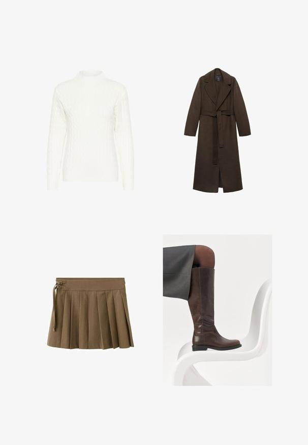 Brun uldfrakke med en stor spidse krave, lange ærmer og en bælte i taljen. Har rene linjer og en åben frontdesign.; Hvid kabelstrikket sweater med høj hals, lange ærmer og struktureret mønster. Stoffet ser blødt og let strækbart ud.; Brun plisseret nederdel med bred taljebånd, der har to metalspænder og en bindedetalje i siden. Glat stof med en struktureret design.; Brun læder knæhøj støvle med afrundet tå, glat tekstur og minimale syningsdetaljer, sat mod en lys baggrund på en hvid stol.