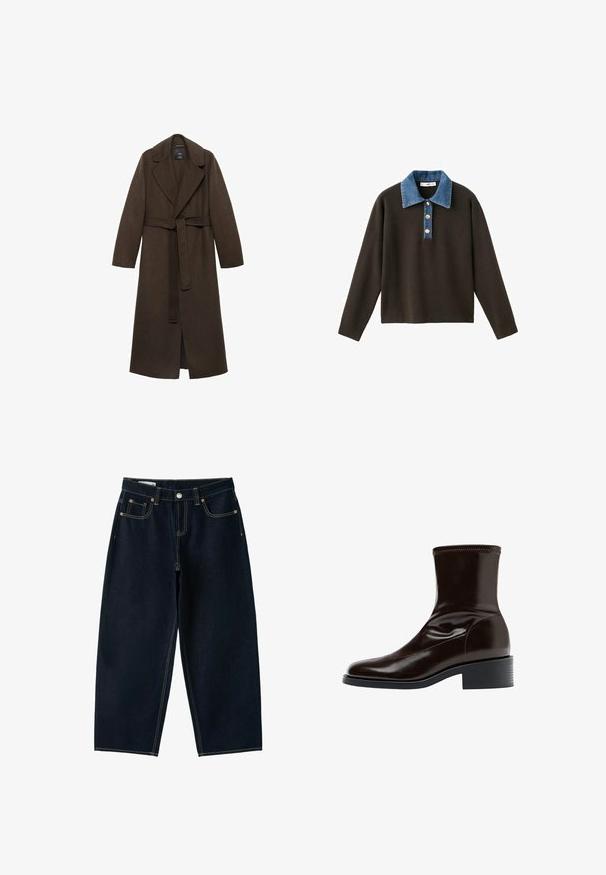 Brun uldfrakke med en stor spidse krave, lange ærmer og en bælte i taljen. Har rene linjer og en åben frontdesign.; Brun langærmet pullover med en blå denimkrave og tre knapper foran; har en glat tekstur og en afslappet pasform.; Mørk indigoblå vidbenet denimjeans med fem lommer, kontrastsyning, bæltestropper og metal knaplukning i taljen.; Mørkebrun læderankelstøvle med firkantet tå, lav blokhæle og stikning langs øverste kant, vist i sideprofil.