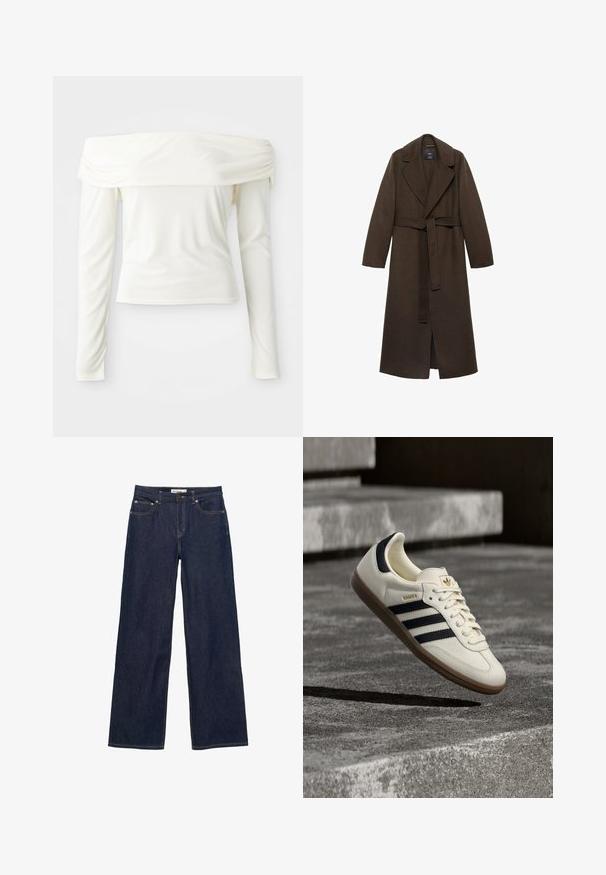 Brun uldfrakke med en stor spidse krave, lange ærmer og en bælte i taljen. Har rene linjer og en åben frontdesign.; Off-shoulder langærmet top i crème hvid, lavet af glat stof med en tætsiddende silhuet og samlet detalje ved udskæringen.; Mørkeblå denim jeans med brede, lige ben, forlommer og lukning med knap og lynlås.; Hvid Adidas Samba sneaker med sorte striber og gummsål, svævende over teksturerede grå betonstrin.