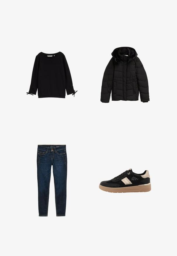 Schwarze gepolsterte Jacke mit Kapuze, ausgestattet mit einem horizontalen Steppmuster, Reißverschluss und zwei Fronttaschen. Weiche Innenauskleidung.; Schwarzer Sweatshirt mit Struktur, weit ausgeschnittenem Halsausschnitt, langen Ärmeln und verstellbaren Bändern an den Bündchen. Weicher Stoff, minimalistisches Design.; Dunkelblaue Denim-Jeans mit schmaler Passform, orangefarbener Naht, fünf Taschen und einem Knopfverschluss an der Taille.; Schwarzer Sneaker aus Mesh und Kunstleder mit goldfarbenen Akzenten, Schnürverschluss und einer beigen Gummisohle. Verfügt über einen dekorativen Streifen an der Seite.