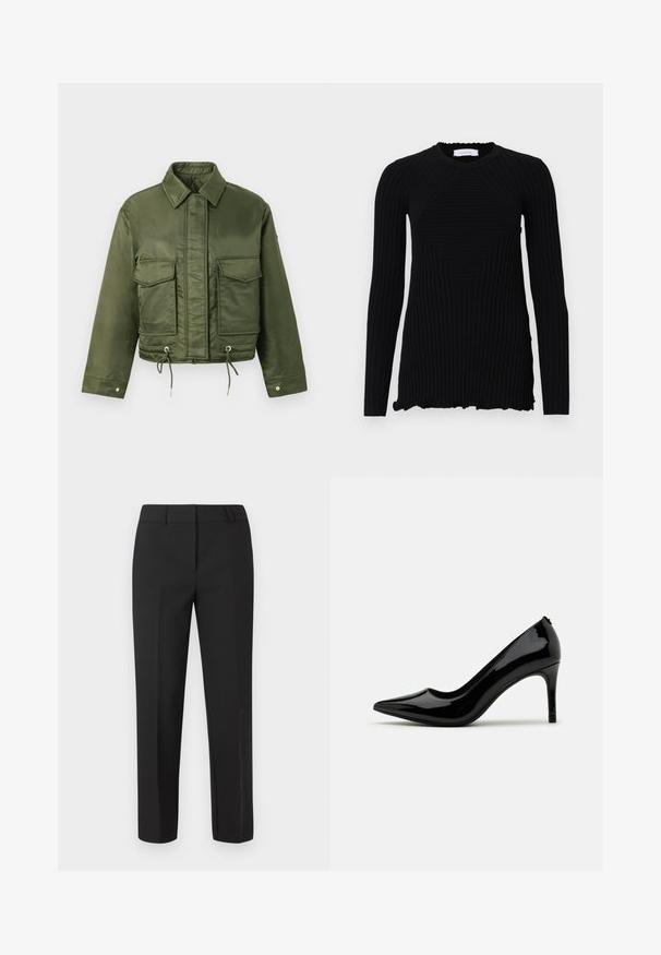 Olivenfarvet cropped jakke lavet af glat, blankt stof. Har to brystlommer, snørrelukning i kanten og klassisk krave.; Rabanne Langærmet T-shirt - black; Sorte skræddersyede bukser med lige ben, flad front og uden synlige pyntedetaljer. Fremstillet af et glat stof med en skarp finish.; Sorte laklæder højhælede pumps med spids tå og slank silhuet, prydet med en glat overflade og minimalistisk design.
