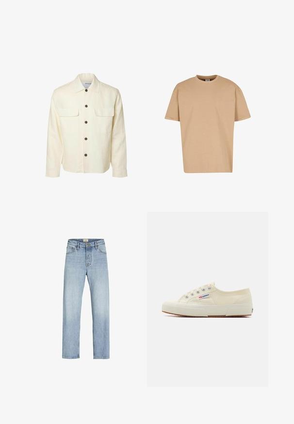 Liina-paita vaaleanvalkoisena, nappikiinnityksellä, kahden rintataskun kanssa, klassisella kauluksella ja ruskeilla napilla. Pitkät hihat napillisilla cuffeilla.; Urban Classics CUFF TEE - T-paita - unionbeige; Vaaleansiniset farkut suoralla leikkauksella, viiden taskun suunnittelulla, napilla ja vetoketjulla kiinnitys, sekä hienovaraisella haalistumisella kankaassa.; Vaaleanbeige canvas-kengät, joissa on matala profiili, metalliset nauhoitteet ja kumipohja. Kengissä on teksturoitu kuviointi ja logotieto sivussa.