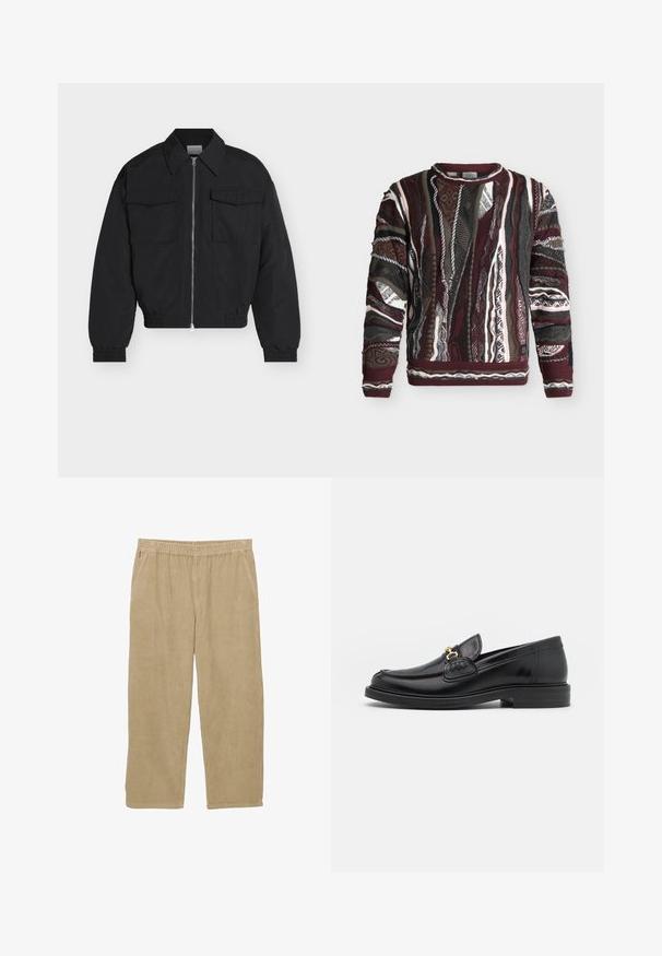 Veste noire zippée avec deux poches avant à rabat, col pointu, poignets et ourlet élastiques, présentée sur un fond blanc.; Pull en maille à manches longues avec des motifs verticaux multicolores bordeaux, noir, blanc et gris, avec des détails texturés et côtelés.; Pantalons en velours côtelé beige avec une coupe évasée, taille élastique et deux poches latérales. Présente une texture à côtes verticales.; Mocassins en cuir noir avec un embout rond, présentant des accents en métal doré et des détails de couture, montés sur une semelle en caoutchouc texturé et basse.