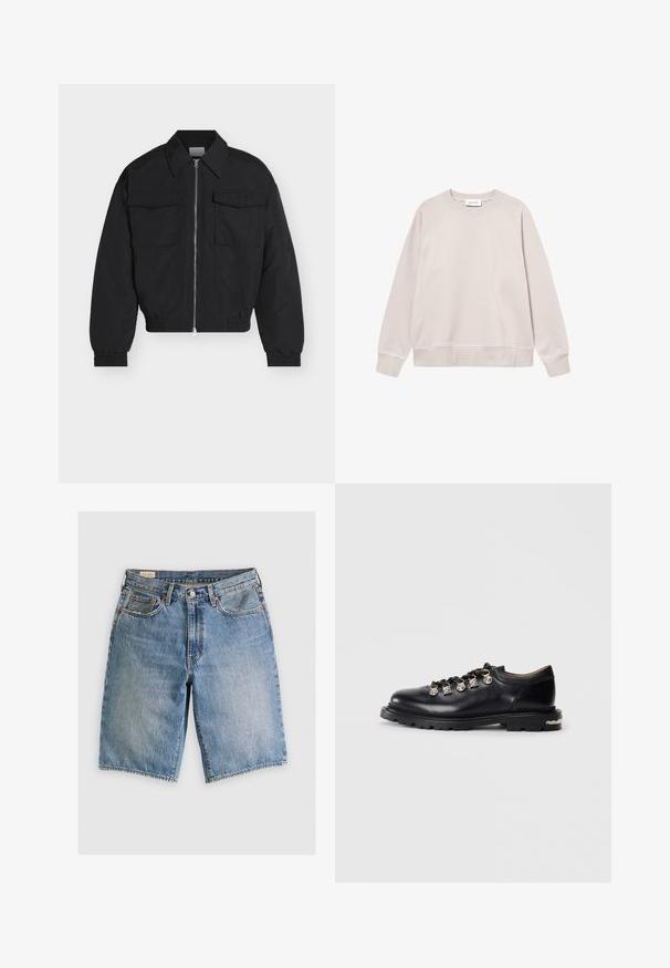 Chaqueta negra con cremallera, dos bolsillos delanteros con solapa, cuello puntiagudo, puños elásticos y bajo elástico, mostrada sobre un fondo blanco.; Sudadera de color beige claro con cuello redondo, mangas raglán, puños acanalados y dobladillo. Textura suave con detalles de costura sutiles.; Pantalones cortos de mezclilla en azul claro con un corte clásico. Cuenta con cinco bolsillos, acentos de costura naranja y dobladillos sin acabar.; Zapato bajo de cuero negro con suela gruesa, ojales de metal, adornos plateados decorativos en los cordones y un dibujo texturizado en la suela.