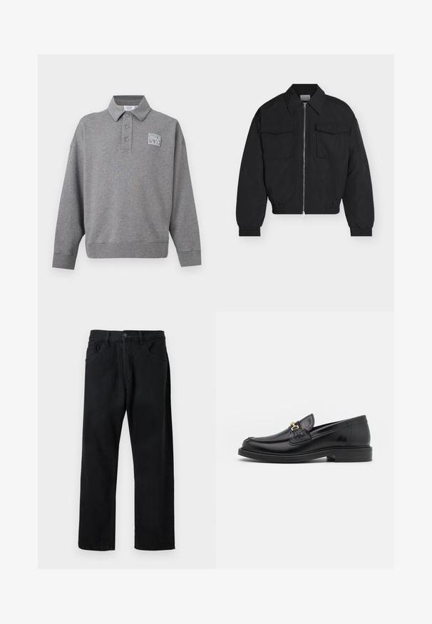 Veste noire zippée avec deux poches avant à rabat, col pointu, poignets et ourlet élastiques, présentée sur un fond blanc.; Sweat-shirt polo gris à manches longues avec trois boutons et un petit patch logo blanc "Maison Kitsuné" sur la poitrine gauche.; Jeans noirs en denim, dotés d'un design classique à cinq poches, coupe droite et fermeture à bouton. Texture lisse, sans motifs visibles.; Mocassins en cuir noir avec un embout rond, présentant des accents en métal doré et des détails de couture, montés sur une semelle en caoutchouc texturé et basse.