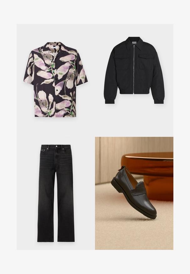 Veste noire zippée avec deux poches avant à rabat, col pointu, poignets et ourlet élastiques, présentée sur un fond blanc.; Chemise noire à manches courtes boutonnée avec un grand imprimé floral abstrait violet, beige et vert et un col camp.; Jean noir droit avec cinq poches, passants pour ceinture et fermeture par bouton, présenté sur un fond blanc.; Mocassin en cuir noir à talon bas flottant au-dessus d'un tapis beige, à côté d'une table brillante couleur ambre dans une pièce minimaliste.