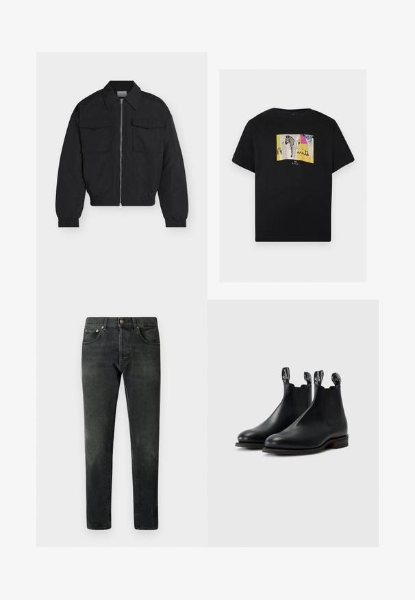 Veste noire zippée avec deux poches avant à rabat, col pointu, poignets et ourlet élastiques, présentée sur un fond blanc.; T-shirt noir à manches courtes avec un graphique rectangulaire coloré représentant un zèbre et des motifs abstraits au centre de la poitrine.; Jean en denim noir avec une coupe droite, cinq poches et une fermeture à bouton. Présente une finition décolorée et des détails de couture subtils.; Bottes Chelsea en cuir noir avec panneaux latéraux élastiques, coutures contrastées et languettes portant le logo de la marque. Semelles en caoutchouc plates.