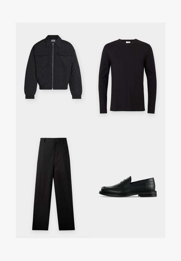 Schwarze Jacke mit Reißverschluss, zwei vorderen Klappentaschen, spitzem Kragen, elastischen Bündchen und elastischem Saum, dargestellt vor weißem Hintergrund.; Schwarzes Langarm-T-Shirt aus Baumwolle mit Rundhalsausschnitt und einem schlichten Design ohne sichtbare Muster oder Verzierungen.; Schwarze Baumwollhosen mit geradem Bein, ausgestattet mit einem vorderen Knopfverschluss und Seiten Taschen. Glatte Textur, keine Muster.; Schwarzer Leder-Pennyloafer für Herren mit niedrigem, gestapeltem Absatz und abgerundetem Zehenbereich, von der Seite auf hellgrauem Hintergrund gezeigt.