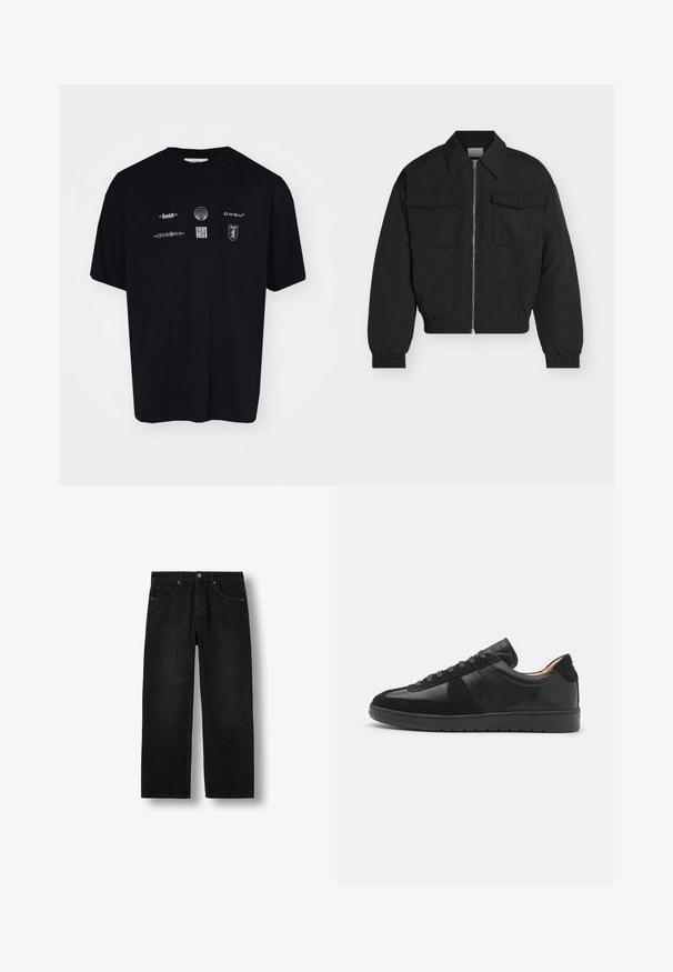 Black zip-up jacket with two front flap pockets, pointed collar, elastic cuffs, and elastic hem, displayed on a white background.; Black cotton t-shirt featuring various white logos and symbols on the front, with a classic round crew neck and short sleeves.; Black straight-leg denim jeans with five pockets, button closure, and belt loops, displayed flat on a white background.; Tiger of Sweden BELLICU - Trainers - black