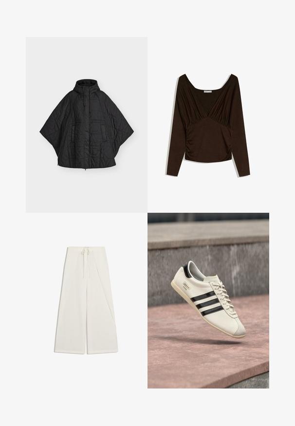 Poncho matelassé noir avec capuche, fermeture éclair devant et poches latérales, conçu pour la chaleur et la couverture.; Haut à manches longues de couleur brun foncé avec un décolleté en V profond, tissu froncé sous la poitrine et sur les côtés, et une taille ajustée.; Pantalon à jambes larges de couleur crème avec un rabat avant superposé et une taille à cordon, posé à plat sur un fond blanc.; Baskets blanches Adidas avec des rayures noires et une semelle beige, flottant au-dessus d'une surface en béton rosâtre et d'un fond en pierre grise.