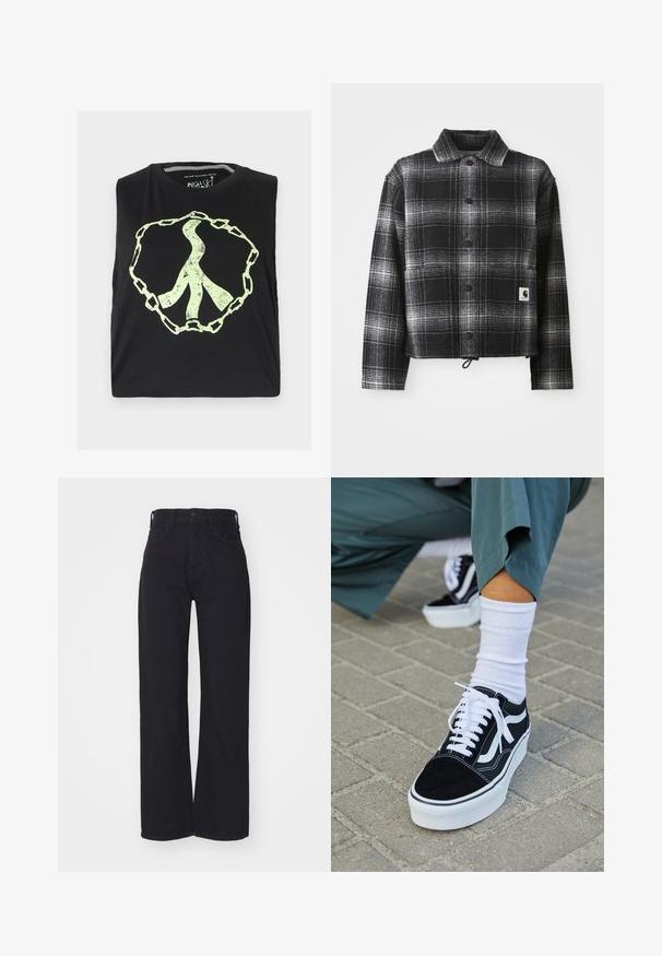 Veste en flanelle à carreaux noir et blanc avec un col, des boutons à l'avant et un ourlet ajustable avec cordon de serrage. Comprend une patch logo sur la poche.; Haut court noir sans manches présentant un grand signe de paix vert abstrait entouré d'un motif de chaîne, confectionné en tissu doux.; Jeans noirs taille haute à jambes larges avec fermeture à bouton et zip à l'avant, passants de ceinture et deux poches avant sur fond blanc.; Baskets en suède noir avec des accents et des lacets blancs, présentant une épaisse semelle blanche et des coutures contrastantes, associées à une chaussette blanche.