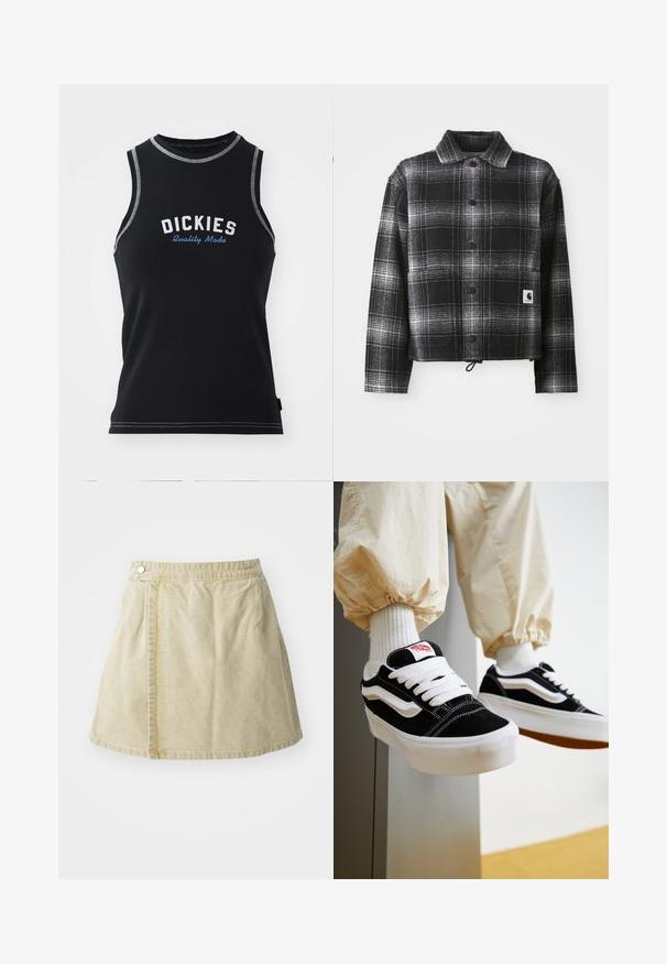Schwarz-weiße kariert Flanelljacke mit einem Kragen, Frontknöpfen und verstellbarem Zugbundsaum. Enthält ein Logopatch auf der Tasche.; Schwarzes ärmelloses Tanktop mit grauen Nähten. Mit dem "DICKIES"-Logo in Weiß und Blau. Aus einem glatten, dehnbaren Stoff.; Khakifarbener Minirock aus weichem Stoff, mit seitlichem Knopfverschluss, glatter Textur und leicht ausgestellter Silhouette mit einem Saum oberhalb des Knies.; Person, die schwarz-weiße Vans-Sneaker mit weißen Schnürsenkeln, weißen Socken und beigen Hosen mit elastischen Bündchen trägt.