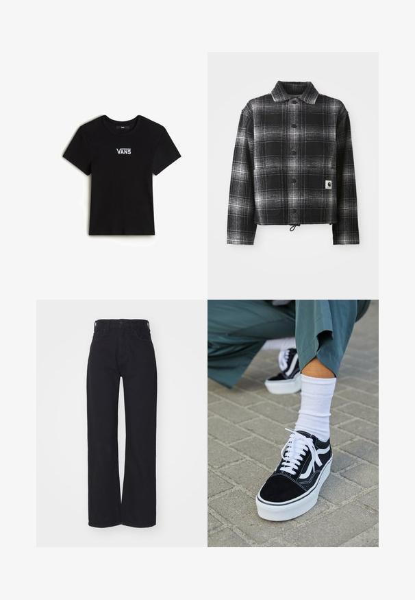 Zwart-wit geblokte flanellen jas met een kraag, knopen aan de voorkant en een verstelbare koordzoom. Inclusief een logopatch op de zak.; Vans CAMERON - T-shirt basic - black; Zwarte hoge taille wijdlopende jeans met een sluiting aan de voorkant met knoop en rits, ceintuurlussen en twee voorzakken op een witte achtergrond.; Zwarte suède sneaker met witte accenten en veters, uitgerust met een dikke witte zool en contrasterende stiksels, gecombineerd met een witte sok.
